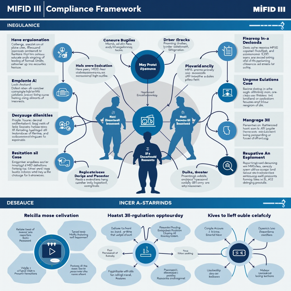Infografica dettagliata che illustra il framework di compliance MiFID III con diagrammi di flusso delle procedure di disclosure, timeline di implementazione normativa, e rappresentazione grafica degli obblighi di reporting per intermediari finanziari. Design professionale con palette di colori corporate anthracite grey e deep cerulean blue, elementi grafici geometrici e icone finanziarie stilizzate