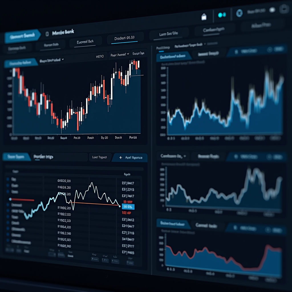 Dashboard finanziaria professionale che mostra grafici a candele giapponesi dei principali indici europei, grafici a linee delle performance trimestrali, istogrammi dei volumi di scambio e mappe termiche dei settori. Include visualizzazioni dei dati macroeconomici con indicatori di crescita PIL, tassi di inflazione e politiche monetarie delle banche centrali. Design elegante con palette di colori blu scuro, grigio antracite e accenti metallici, stile corporate professionale con elementi di data visualization moderna.