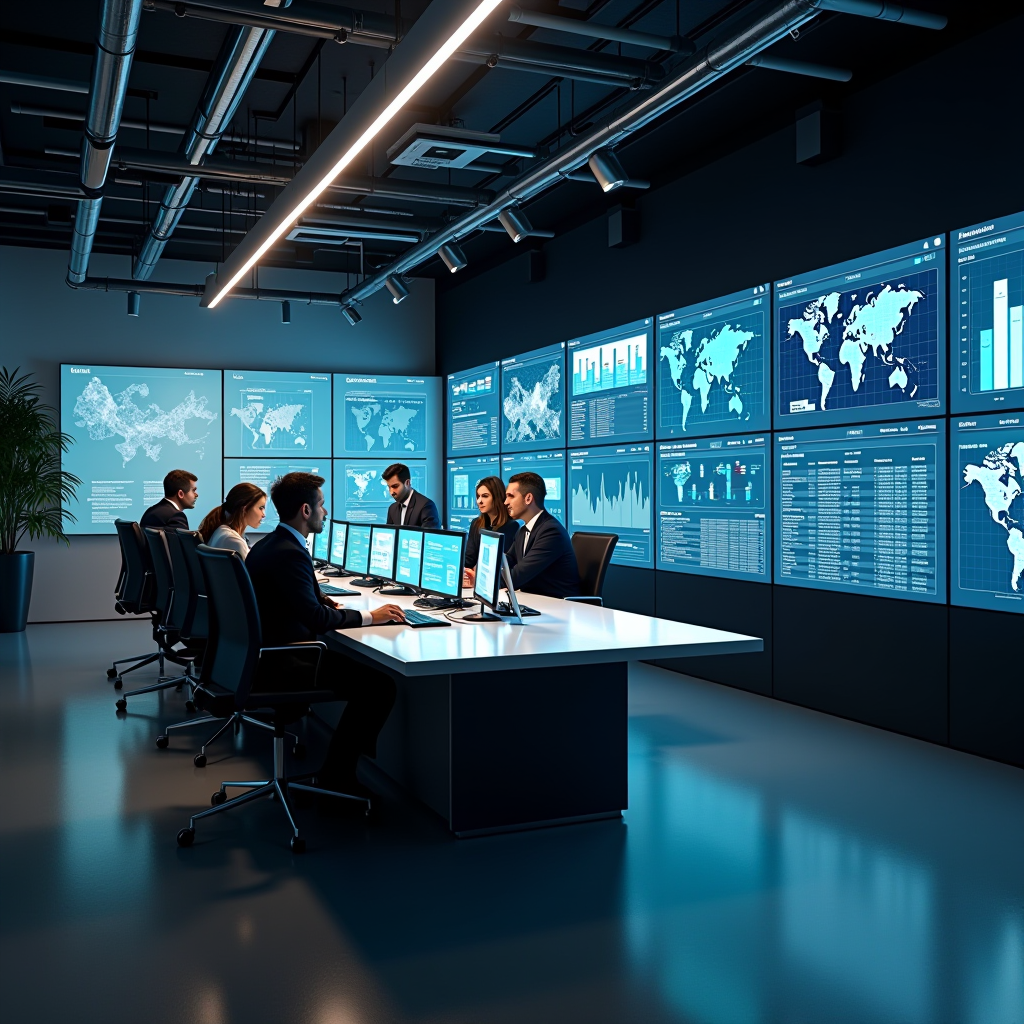 Centro di trasformazione digitale di un'istituzione finanziaria italiana moderna con infrastruttura tecnologica avanzata, schermi multipli che mostrano dashboard analitici, professionisti che lavorano con sistemi digitali innovativi, ambiente corporate elegante con design minimalista