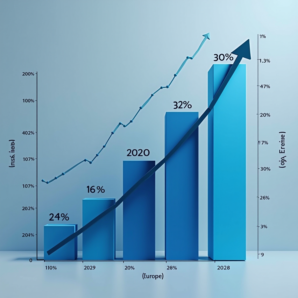 Grafico professionale che mostra la crescita degli investimenti ESG in Italia ed Europa dal 2020 al 2025, con istogrammi comparativi blu e grigi, trend line ascendente e dati percentuali, su sfondo corporate minimalista con elementi grafici geometrici