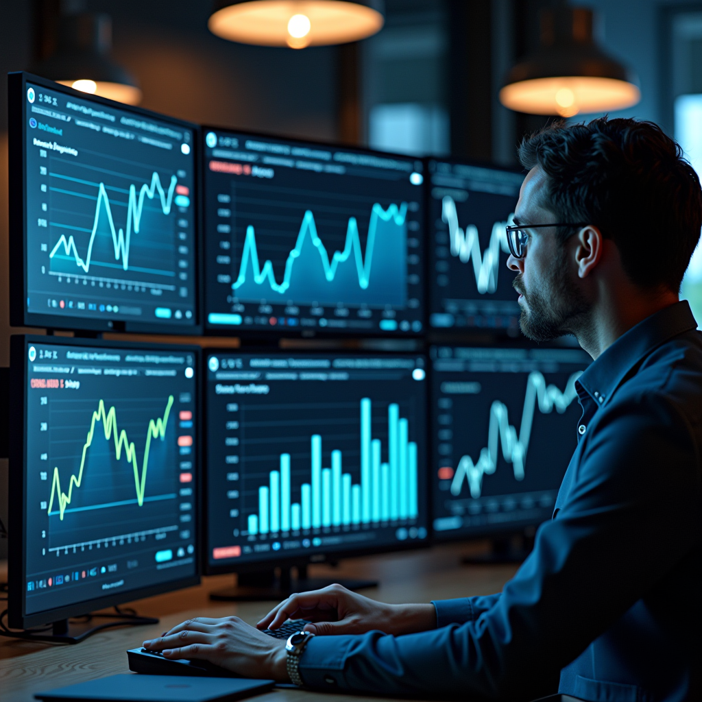 Dashboard professionale di gestione del rischio finanziario con grafici analitici, indicatori di volatilità e metriche di diversificazione del portafoglio su schermi multipli in un ambiente corporate moderno