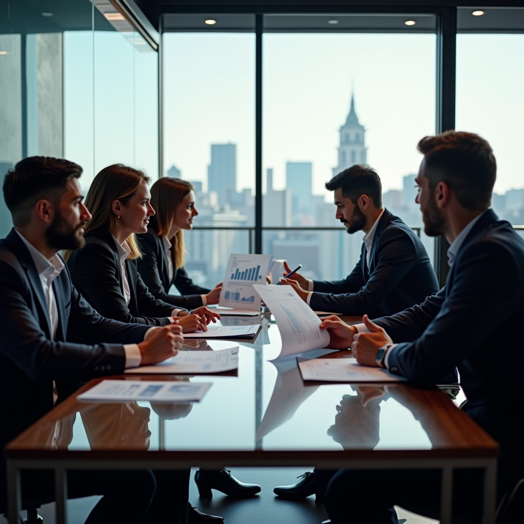 Riunione strategica di finanza aziendale con team di consulenti finanziari professionisti che analizzano documenti di investimento e grafici finanziari in un moderno ufficio milanese con pareti in vetro e vista sullo skyline della città