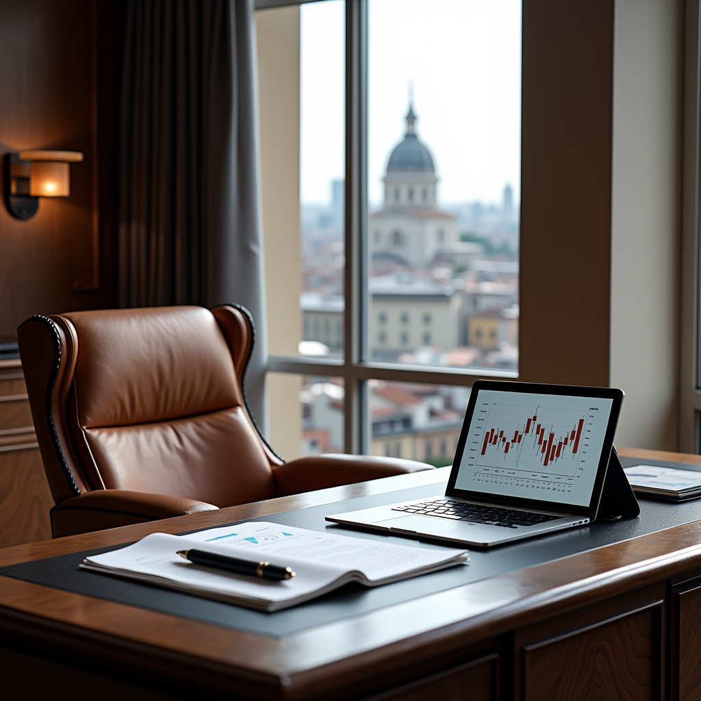 Elegante ufficio di wealth management con vista panoramica su Milano, scrivania in legno pregiato, poltrona in pelle, documenti finanziari e tablet che mostra grafici patrimoniali, atmosfera professionale e riservata con illuminazione soffusa