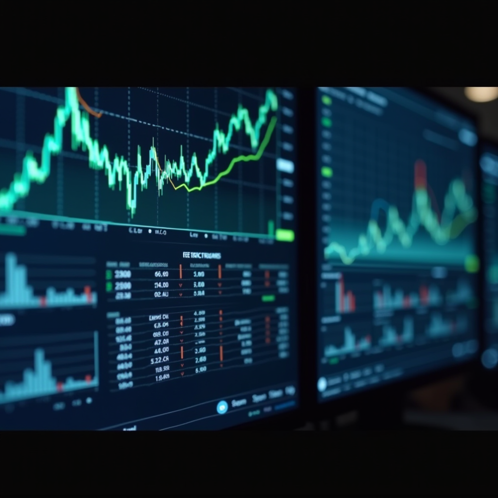 Grafici finanziari con andamento mercati internazionali, schermi con dati economici, ambiente trading floor professionale, stile corporate elegante