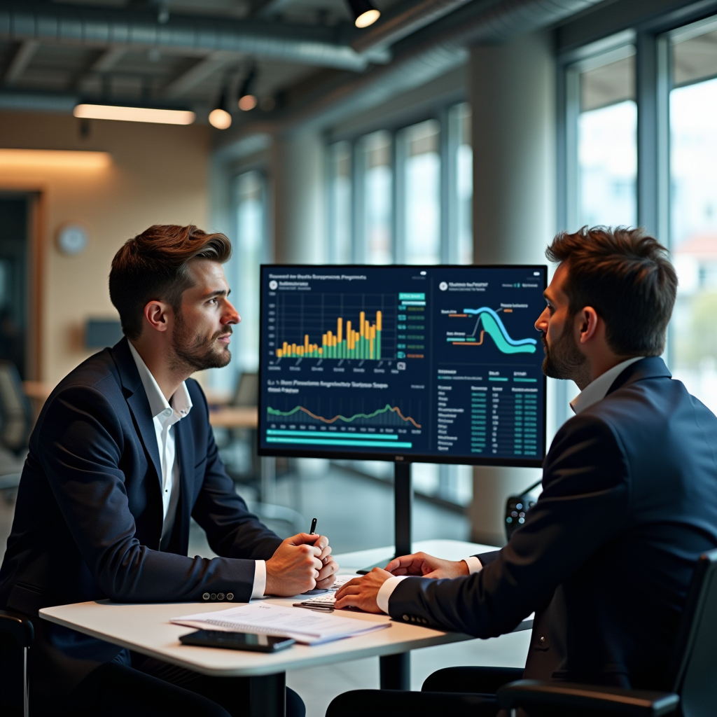 Professional financial advisor in modern Milan office reviewing personalized wealth management portfolio with client, showing detailed asset allocation charts and investment strategies on large monitor, sophisticated corporate environment with steel and glass architecture