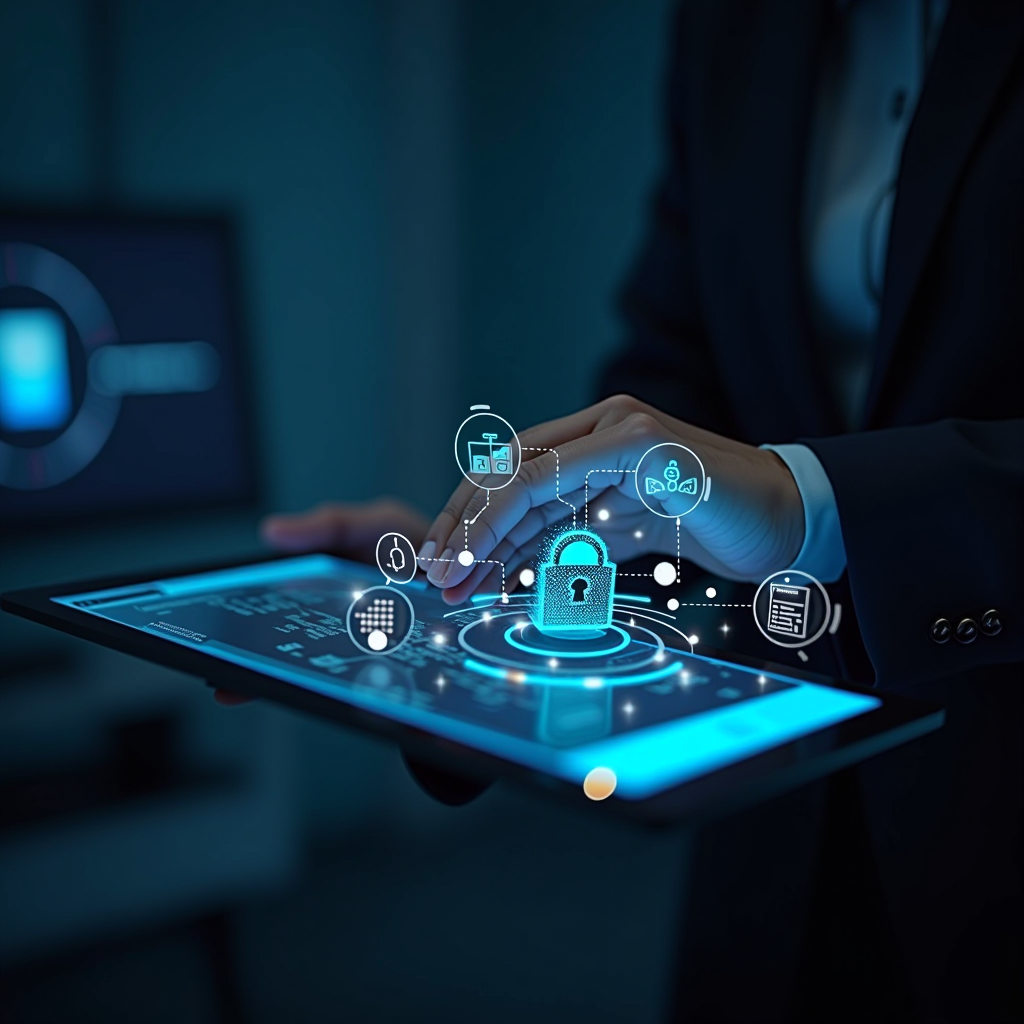 Tecnologia digitale nel settore finanziario, interfacce moderne con sicurezza informatica, ambiente high-tech professionale, stile corporate innovativo