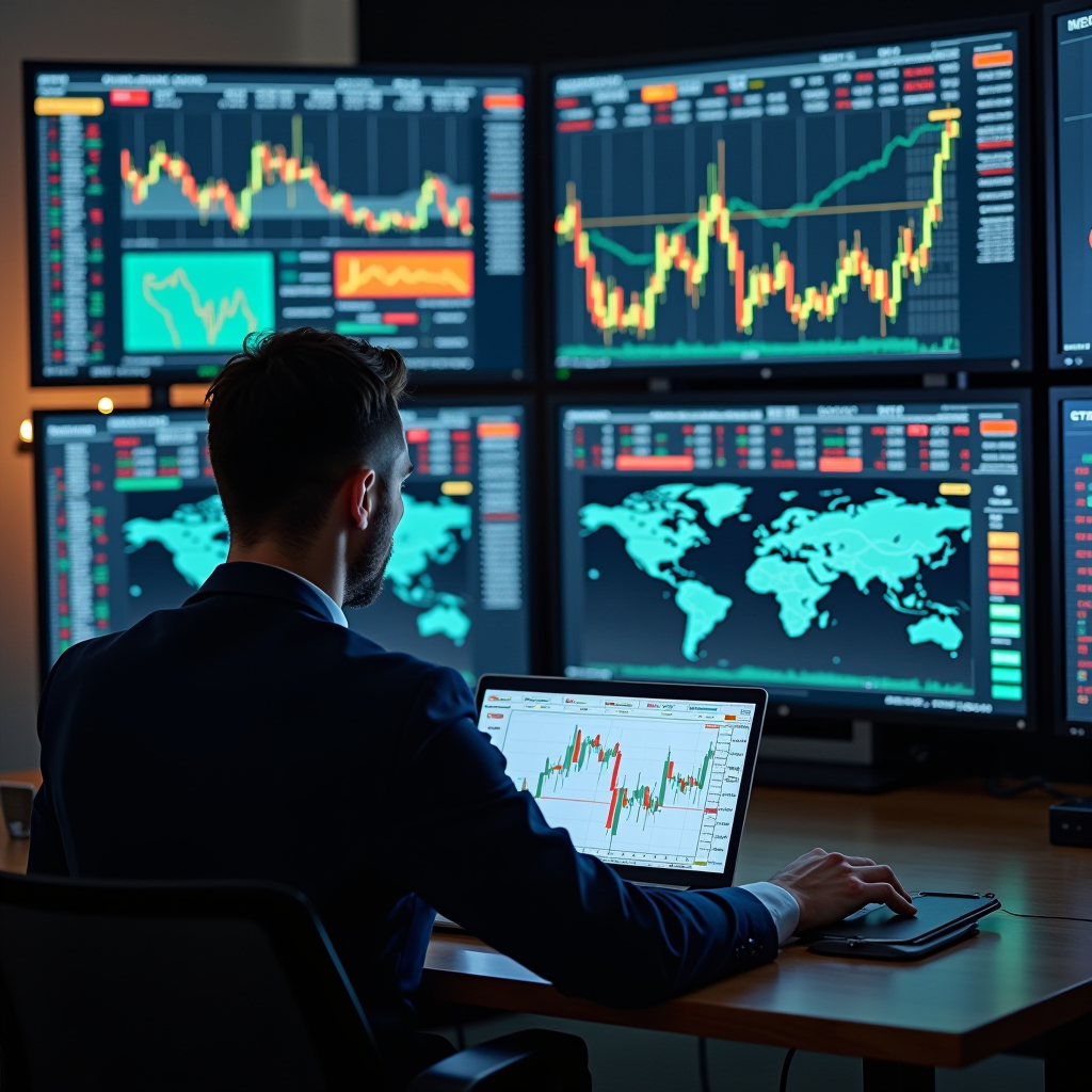 Professional portfolio manager analyzing diversified investment portfolio on multiple screens showing real-time market data, charts and asset allocation, modern financial trading floor with steel and glass architecture in Milan